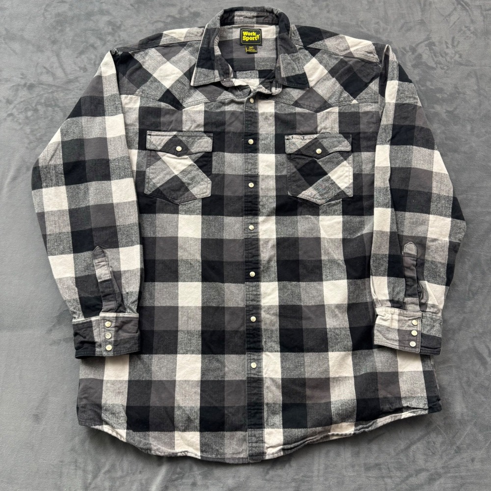 Work n Sport Mens 3XT Buffalo Plaid Flannel Pearl Snap Western Shirt Black Grey